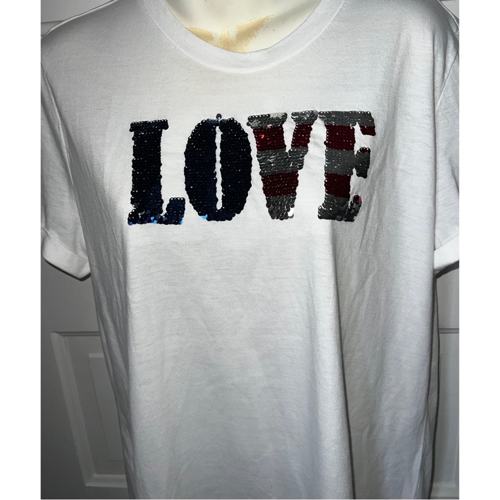 Red White and Blue Sequin White Shirt Sleeve T-Shirt